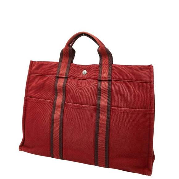 Hermes Foul Tote MM Bag Handbag Red Canvas Women's HERMES - Picture 2 of 9